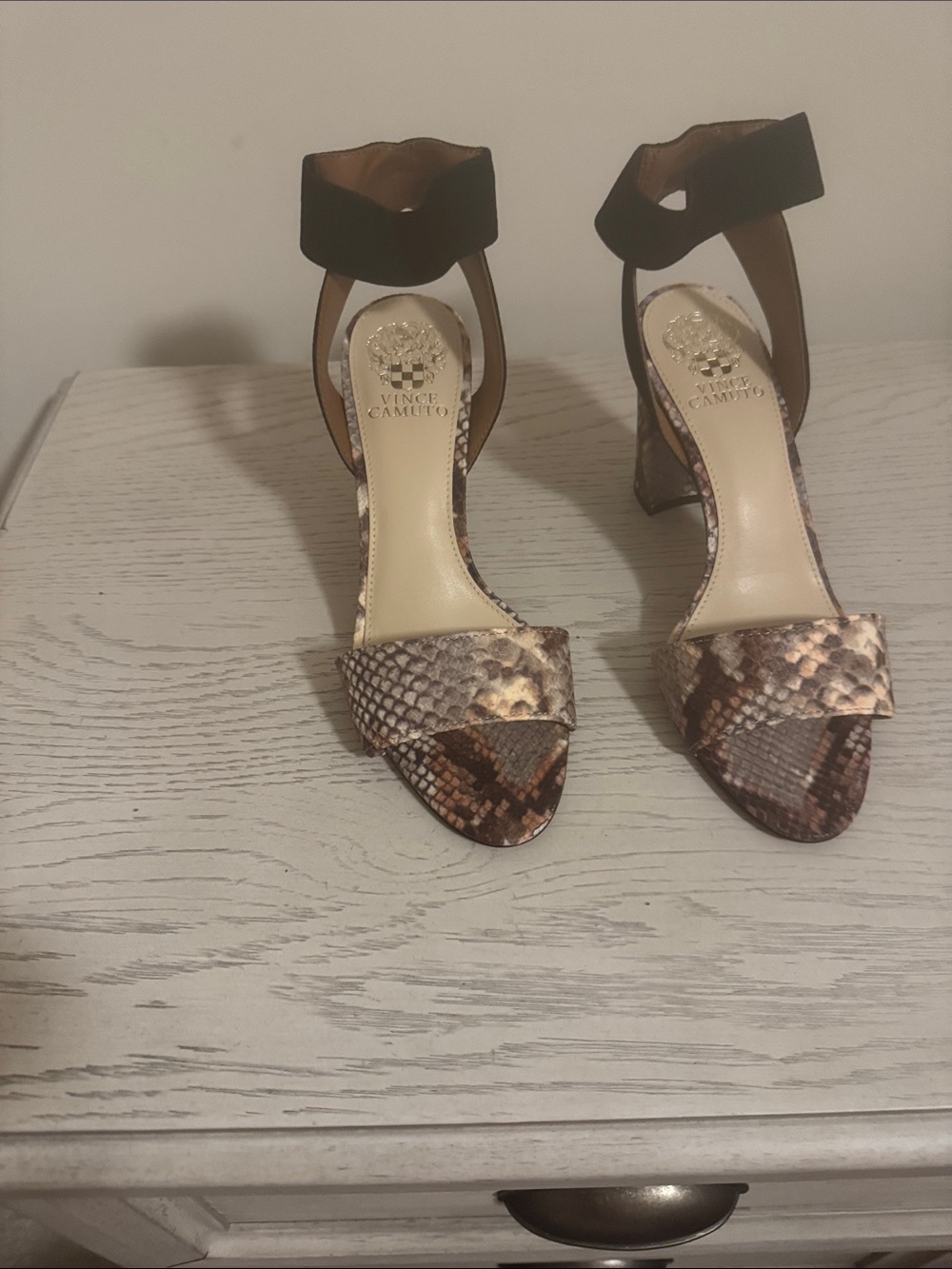 Vince Camuto Brown Snake-Print Block Heel Sandals with Black Ankle Strap